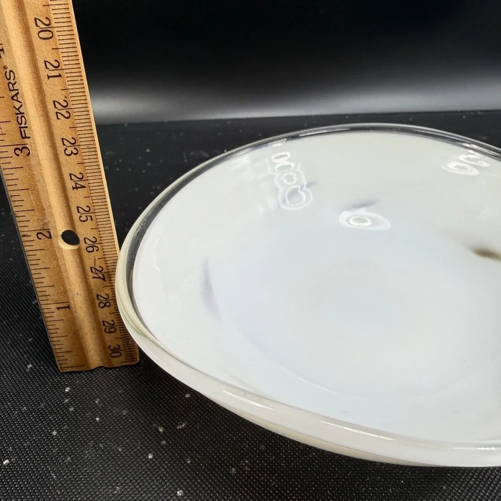 Vintage 1980s Venetian Blown Glass Dish Bowl White with Red Purple Swirls 6 Inch